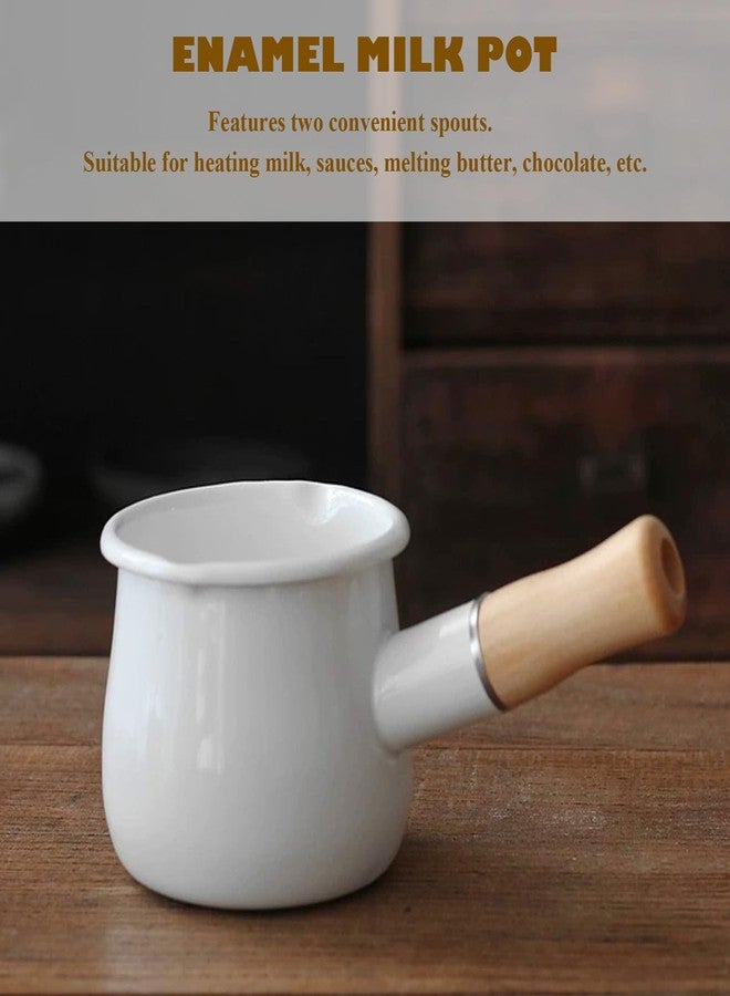 JWTIFOA Enamel Milk Pot 17oz Butter Warmer Small Sauce Pan with Spouts Butter Melting Pot, Wooden Handle, White - Image 3